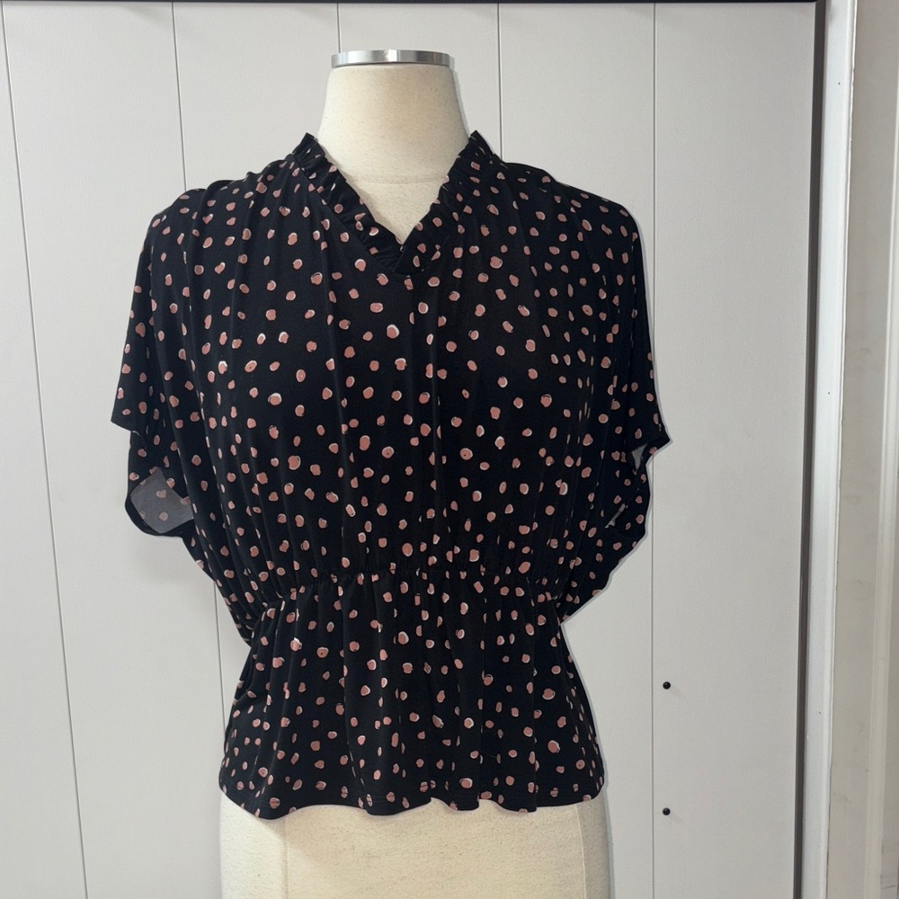 Suzy Shier Black and Pink Polka Dot Blouse